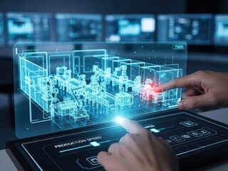 Hands configuring a digital twin of a production line to simulate bottlenecks and test optimization strategies without disrupting real operations