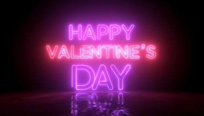 Happy Valentines Day Neon Sign Glowing in Dark Room with Reflection.