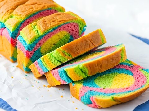 Vibrant Sliced Rainbow Swirl Bread on White Parchment Paper