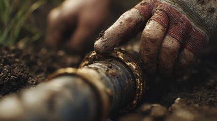 Worker repairs a pipe at a construction site in the early evening while handling dirt and tools with focus on the task