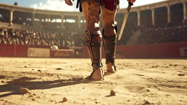 Gladiator walks into arena holding sword, ancient Rome combat concept.