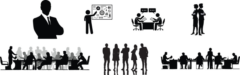Business Teamwork and Corporate Meeting People Silhouettes Set