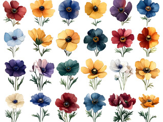 Set field and meadow and garden flowers and plants bunches in vertical arrangement, showcasing rustic botanical palette with textural variety, natural beauty and texture for artistic compositions