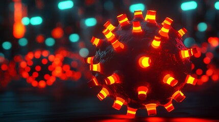 Abstract glowing virus illustration with red and orange lights