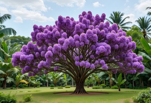 A magnificent jacaranda tree adorned with vibrant purple blossoms in a lush tropical park. banaba