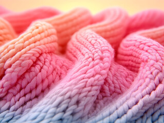 Pastel wool yarn coiling in gradient swirls, blending soft pink, orange, and yellow tones, highlighting textural knitting and crochet possibilities