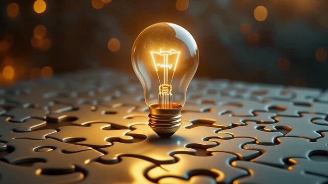 A glowing light bulb floating above a solved puzzle, symbolizing innovation and breakthroug