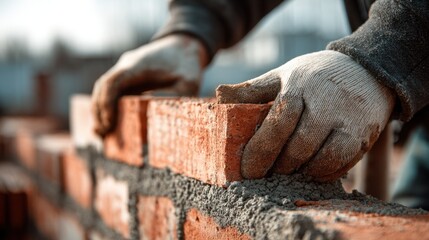 Construction worker lays bricks at a construction site during daylight hours in a busy urban area