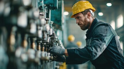 Worker adjusts machinery controls at a factory during daytime shift in an industrial setting