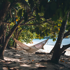 Soft hammocks hanging between verdant trees, offering peaceful relaxation and embracing natural serenity within a lush sea landscape