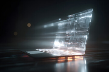 Concept of digital transformation with glowing waves emerging from a laptop in a dark setting