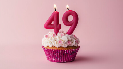 49th birthday or anniversary cupcake, with pink candles and white and pink decorations