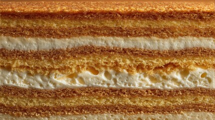 Layers of sweet dessert with cream and cake segments served on a flat surface in a kitchen during daytime