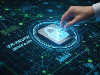 Cybersecurity data privacy visual with a hand locking a personal information vault on a digital interface, for GDPR, information security, and confidential data protection