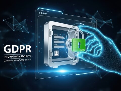 Cybersecurity data privacy visual with a hand locking a personal information vault on a digital interface, for GDPR, information security, and confidential data protection - Powered by Adobe