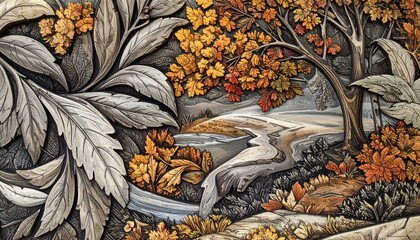 Relief carving depicting autumn forest scene with detailed leaves, trees, and winding path