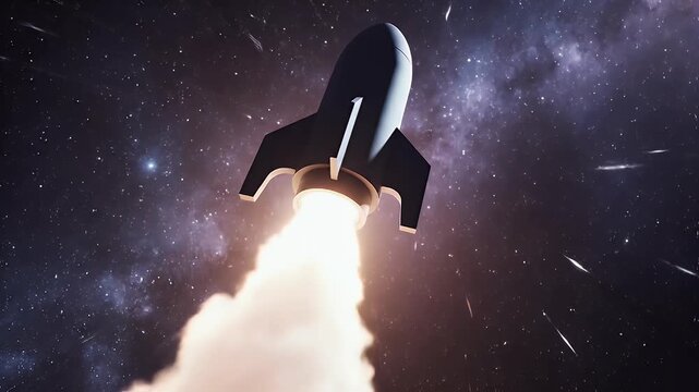 Rocket Launch into Deep Space - A Stylized Illustration of a Spaceship Ascending Through a Starry Nebula with Dynamic Motion and Futuristic Appeal
