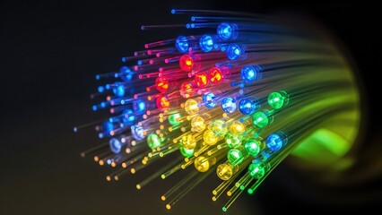 Vibrant fiber optic cables in rainbow colors shining brightly