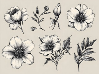 Set field and meadow and garden flowers and plants bunches in vertical arrangement, showcasing rustic botanical palette with textural variety, natural beauty and texture for artistic compositions