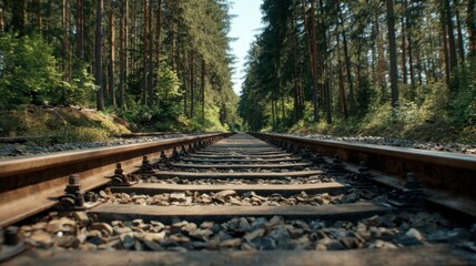 Railway tracks stretch through a forest with tall trees on either side during a sunny day