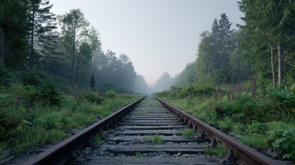 Empty railway tracks stretch into the foggy forest on a quiet morning in autumn