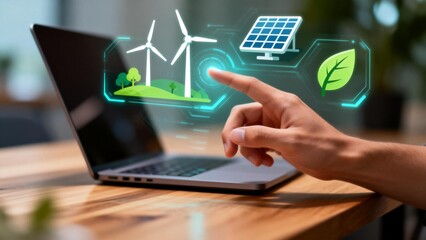 Hand interacting with digital eco icons on laptop