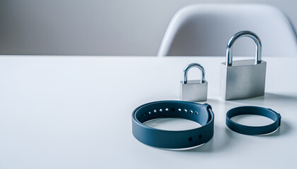 Wearable access control bands and padlocks on white desk with copy space