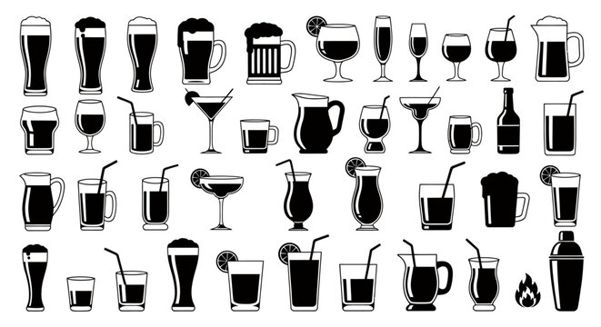 Collection of various drink and beverage glass icons in black and white silhouette style.