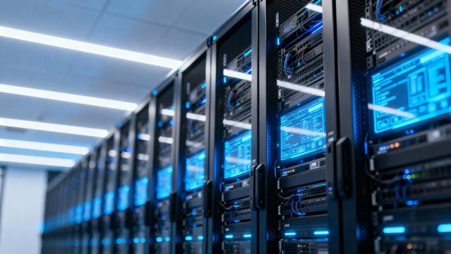 Rows of server racks in a data center - Powered by Adobe