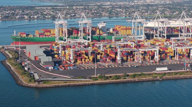 Aerial view of Port of Melbourne container terminal in operation