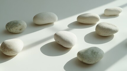 Smooth white stones casting shadows on a clean bright surface