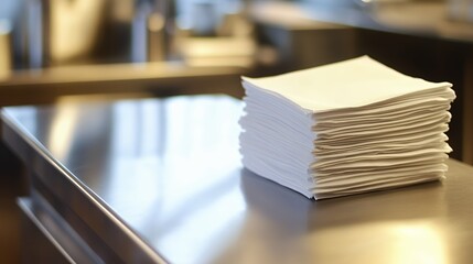 Stack of white paper napkins on a reflective surface
