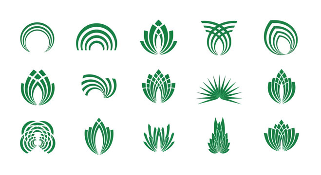 Diverse abstract green organic leaf and plantinspired vector logos featuring various curved pointed and layered shapes.