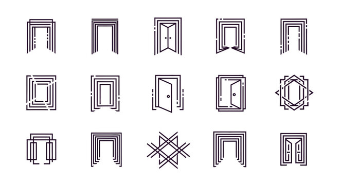 Set of geometric door and portal icons in a minimalist dark purple line art style.