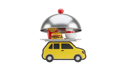 Food Delivery Service Icon: Car with Cloche, Burger, Fries, and Coffee