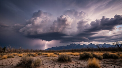 Desert Storm Clouds Over Cracked Earth and Distant Mountains