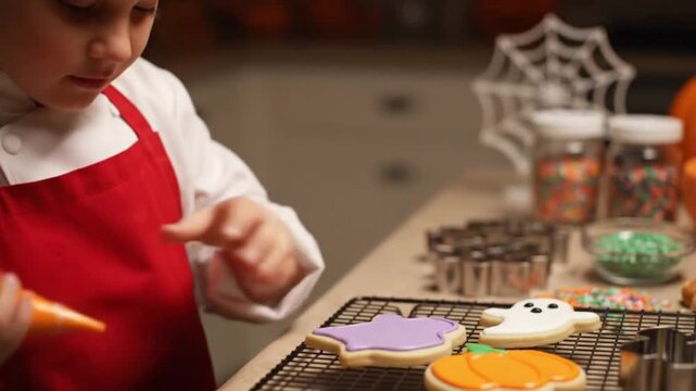 Young girl decorating Halloween cookies with icing and sprinkles