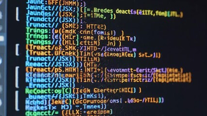 Closeup view of vibrant colorful programming code displayed on a dark computer screen showcasing lines of text with syntax highlighting for software development and digital technology concepts. - Powered by Adobe