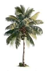 Obraz premium Vintage botanical engraving of a tall, thin coconut palm tree with green fronds and visible coconuts, isolated on a white background with small green plants at the base.