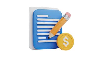 3D Icon: Writing with Pencil, Coin, and Document