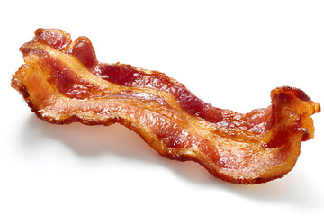 Crispy fried bacon strip on a light background showcasing its texture and color
