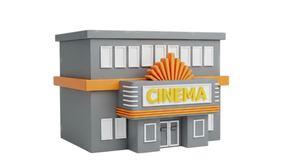 3D Illustration of a Cinema Building with "CINEMA" Marquee