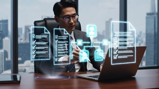 P72-Businessman using laptop computer with glowing checklist documents and forms symbolizing online sur 4K 10s