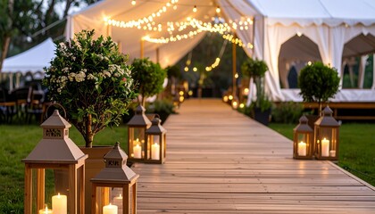 Elegant Outdoor Event Venue at Dusk with Glowing String Lights, White Wedding Tents, Wooden Walkway, and Decorative Lanterns