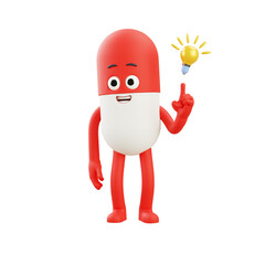 Red capsule mascot showing bright idea gesture, clean 3D illustration ideal for innovation, medical solutions, health tips, and creative concepts.