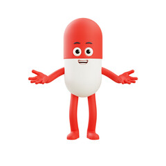 Red capsule character standing with open arms, friendly 3D pose expressing care, trust, healthcare support, and medical service concepts.