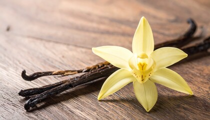 Fragrant Vanilla Orchid Flower and Dried Vanilla Pods on Rustic Wooden Background