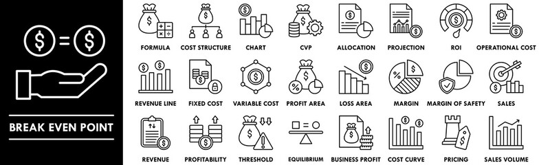 Break Even Point outline icon collection set. Containing design business, profit, finance, analysis, revenue, strategy