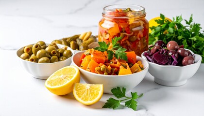 Selection of Mediterranean Mezze Appetizers: Olives, Pickled Vegetables, and Fresh Lemon on White.