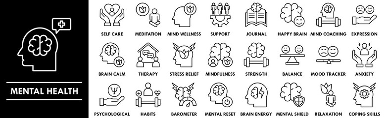 Mental Health outline icon collection set. Containing design health, mental, mental health, therapy